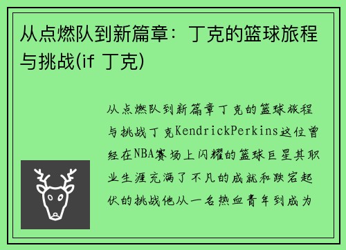 从点燃队到新篇章：丁克的篮球旅程与挑战(if 丁克)