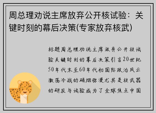 周总理劝说主席放弃公开核试验：关键时刻的幕后决策(专家放弃核武)