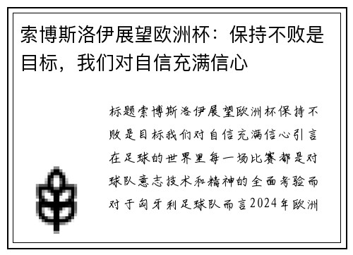 索博斯洛伊展望欧洲杯：保持不败是目标，我们对自信充满信心