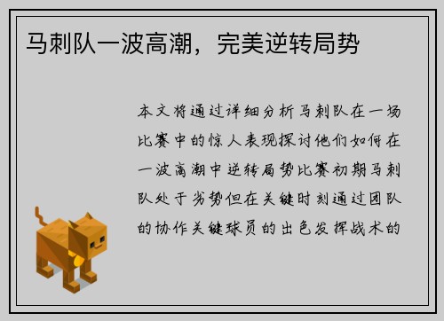 马刺队一波高潮，完美逆转局势
