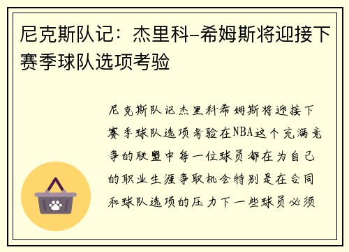 尼克斯队记：杰里科-希姆斯将迎接下赛季球队选项考验
